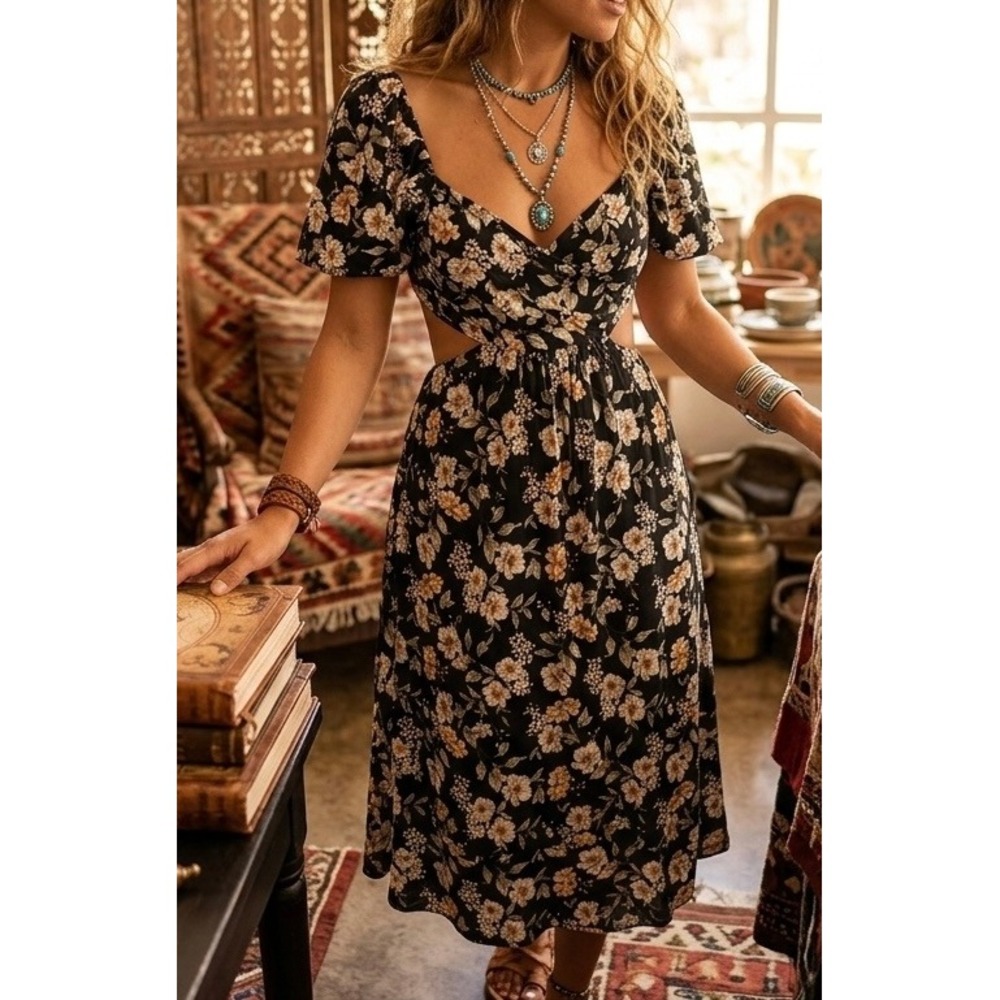 Peppercorn Floral Cut Out Open Back Midi Dress Black Orange Boho Puff Sleeve